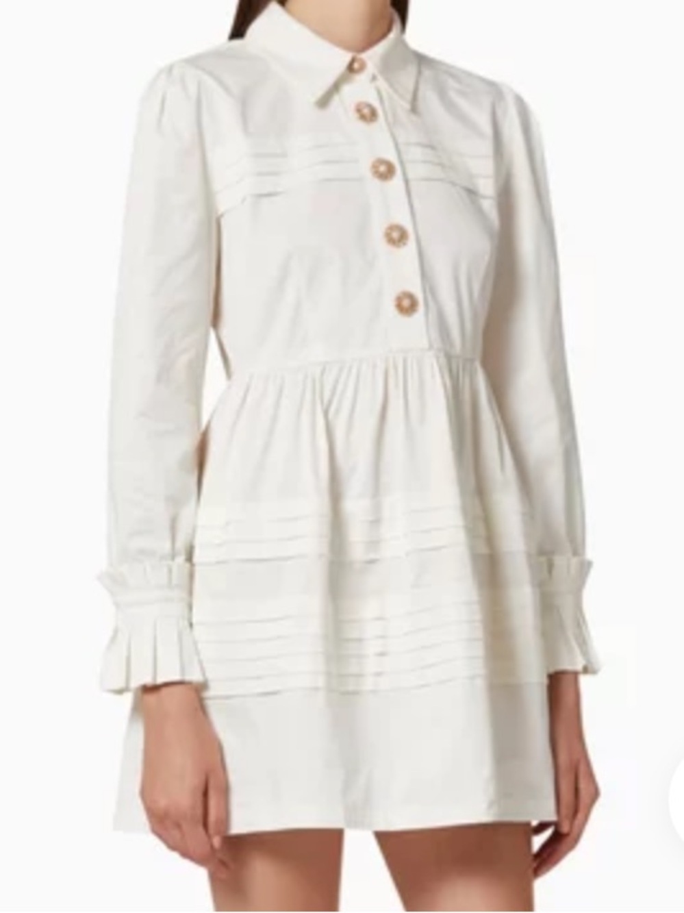 Elliatt Ophelia Shirt Dress Cream Long-Sleeve Pintuck Button Front Dress.